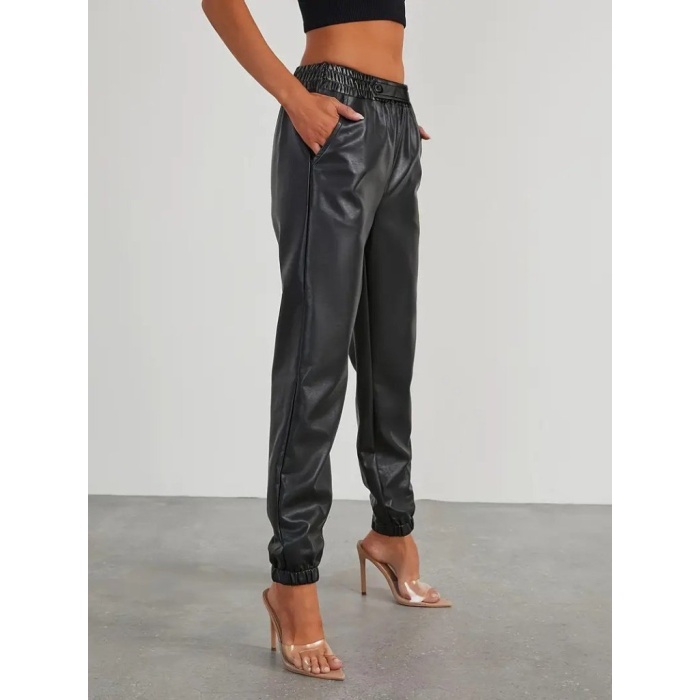 Kadın Yüksek Bel Lastikli önü Düğmeli Deri Pantolon