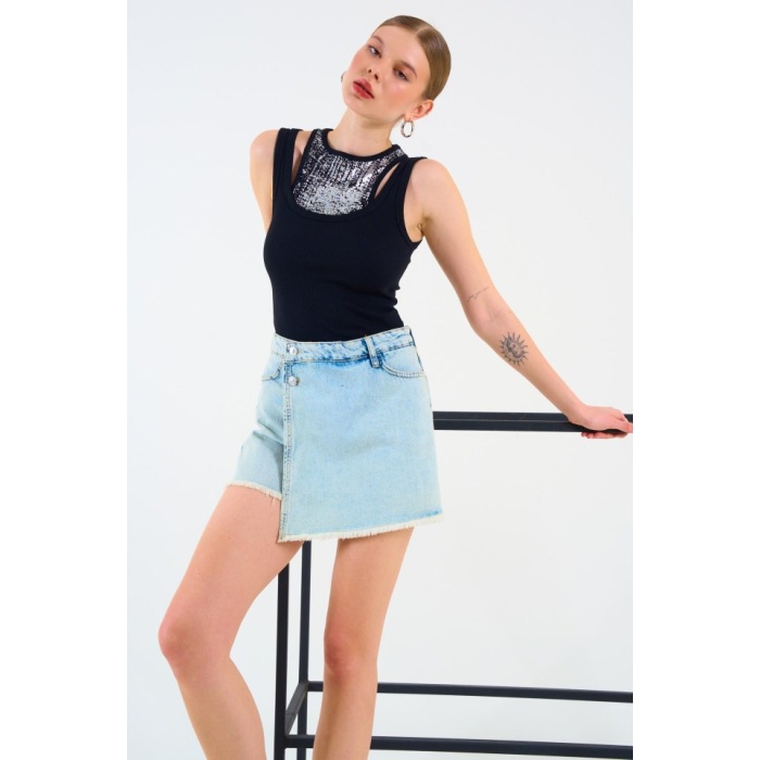 İçi Baskılı Halter Yaka Kaşkorse Atlet - Siyah