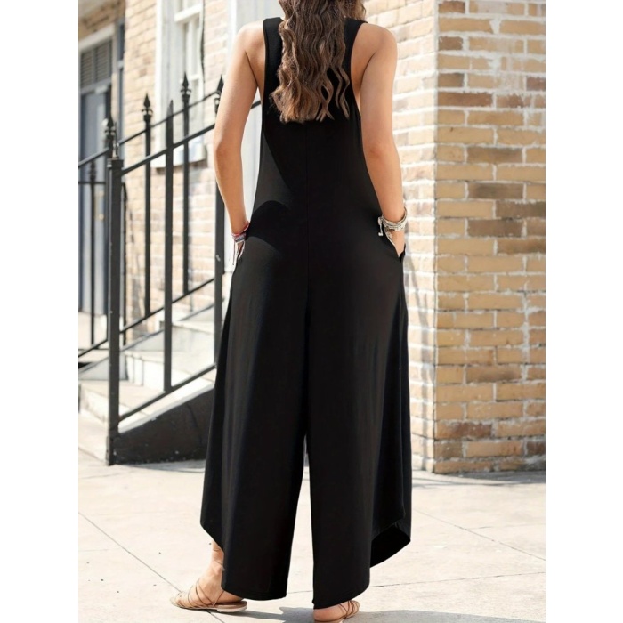 Kadın Askılı Yuvarlak Yaka Cepli Salaş Uzun Viskon Tulum