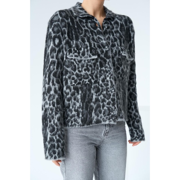 Leopar Desen Jakarlı Hırka - Siyah-Açık Gri