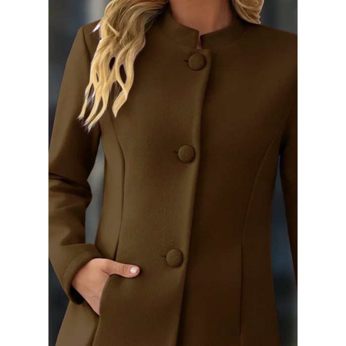 Kadın Uzun Kollu Hakim Yakalı önden Düğmeli Cep Detaylı Kısa Taba Kaşe Kaban