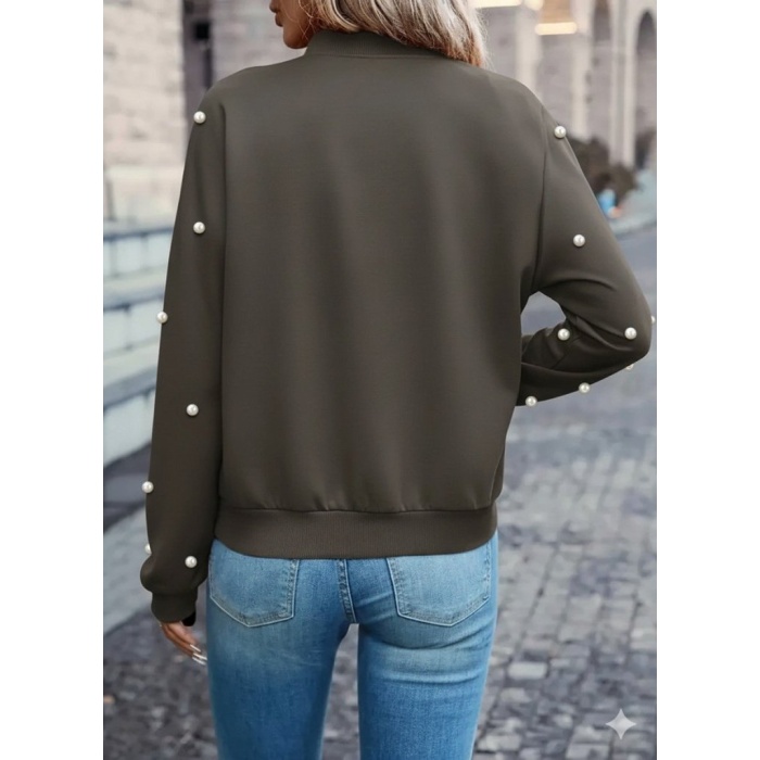 Kadın Uzun Kollu önden Fermuarlı Incili Kısa Modal Ceket