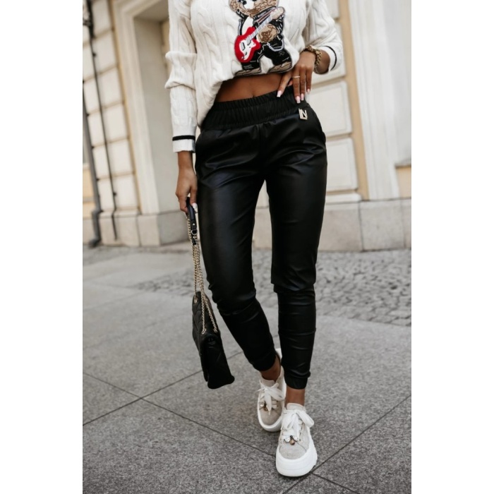 Kadın Yüksek Bel Lastikli Cepli Deri Pantolon