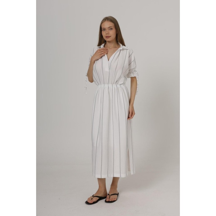 Beli Lastikli Elbise - Beyaz