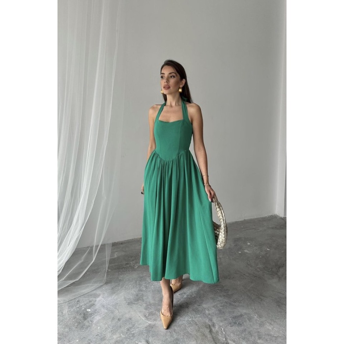 Yeşil Boyundan Bağlamalı Keten Elbise