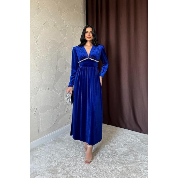 Saks Göğüs Altı Taşlı Elbise