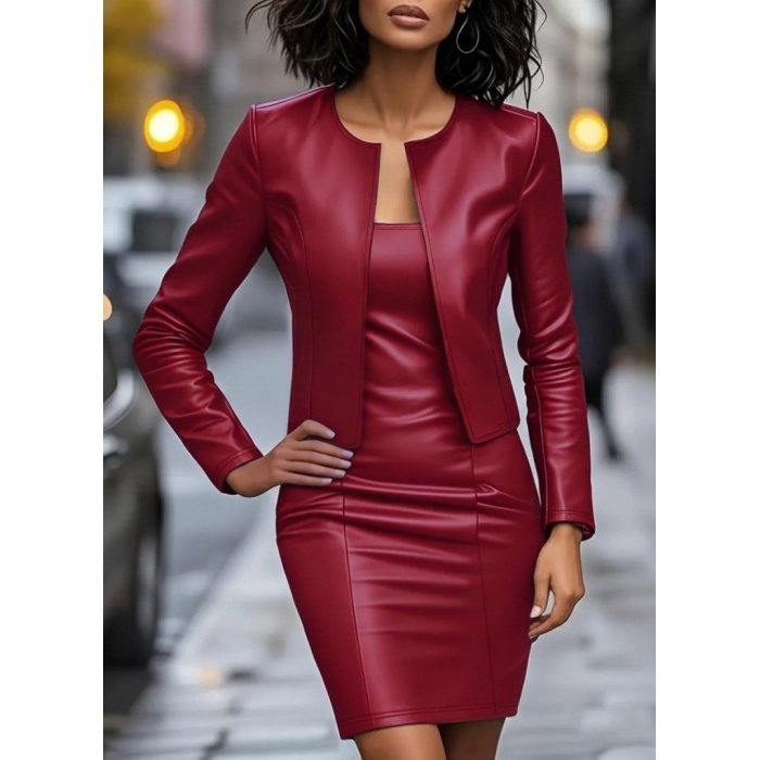 Kadın Uzun Kollu önü Açık Deri Ceket Ve Askılı Yuvarlak Yakalı Mini Elbise Ikili Takım