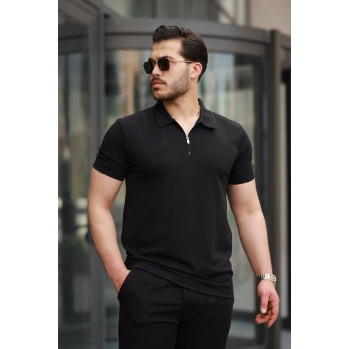 Erkek Kısa Kollu önden Fermuarlı Janjan Krep Tişört Ve Pantolon Ikili Takım