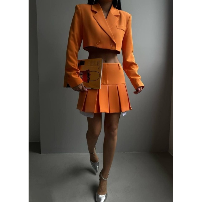 Pileli Etek Crop Ceket Takım