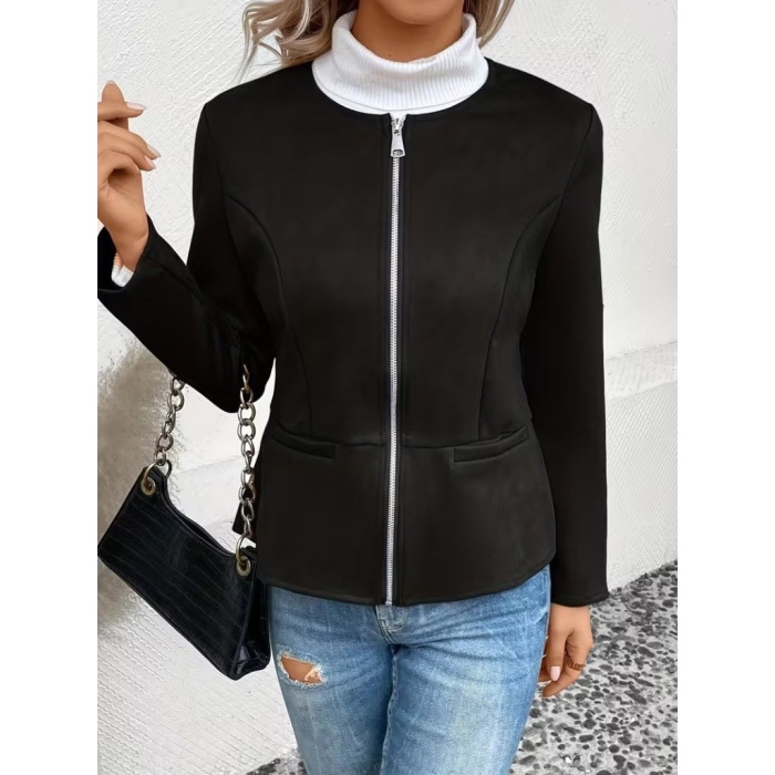 Kadın Uzun Kollu Yuvarlak Yaka önden Fermuarlı Süet Ceket