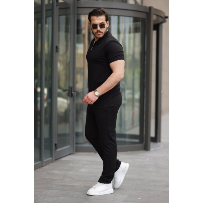 Erkek Kısa Kollu önden Fermuarlı Janjan Krep Tişört Ve Pantolon Ikili Takım