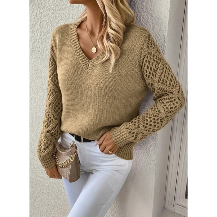 Kadın Uzun Kollu V Yaka Kol Delikli Baklava Desen Detaylı Triko Kazak