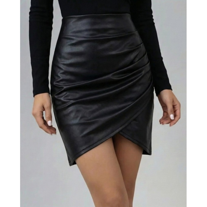 Kadın Yüksek Bel Yandan Fermuarlı Pileli Mini Deri Etek