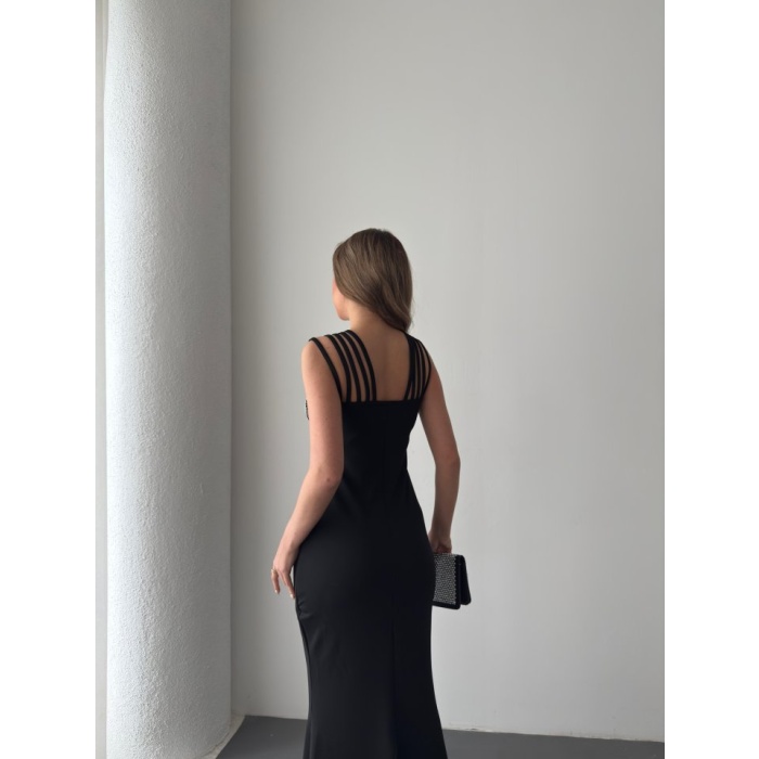 Kadın Omuz çoklu Askılı önü Taş Işlemeli Balık Kesim Janjan Krep Maxi Boy Elbise