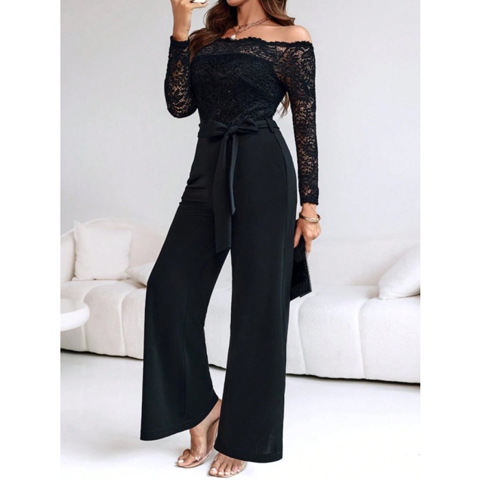 Kadın Uzun Kollu Madonna Yaka Dantelli Yandan Bağlamalı Ithal Krep Tulum