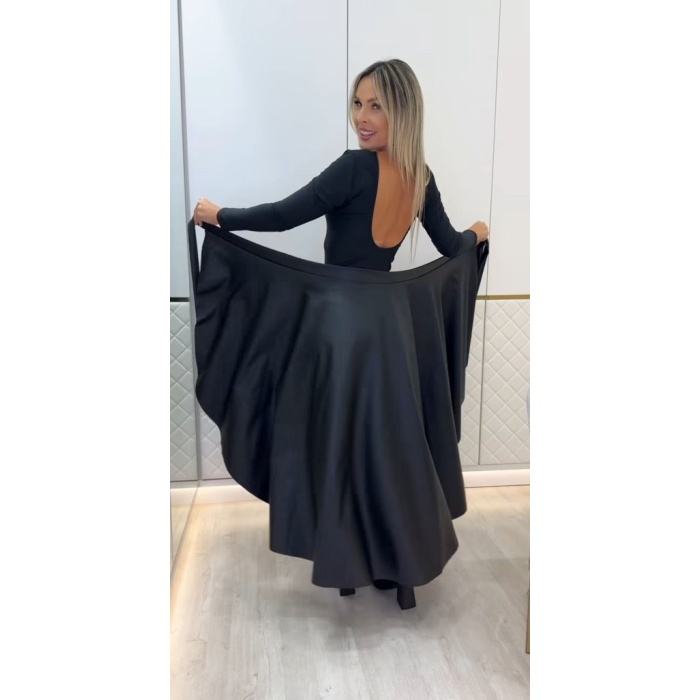 Kadın Belden Kuşaklı Uzun Deri Etek