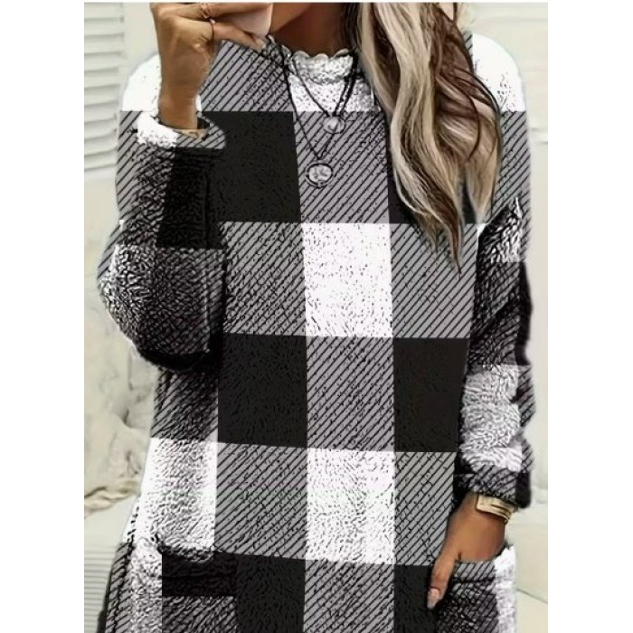 Kadın Uzun Kollu Yarı Balıkçı Yakalı Cep Detaylı Ekoseli Dokuma Tunik