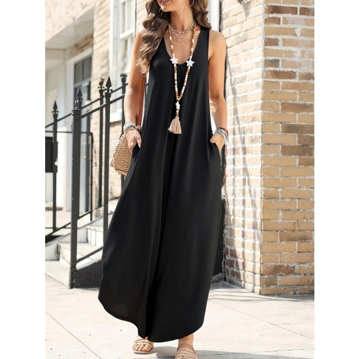 Kadın Askılı Yuvarlak Yaka Cepli Salaş Uzun Viskon Tulum