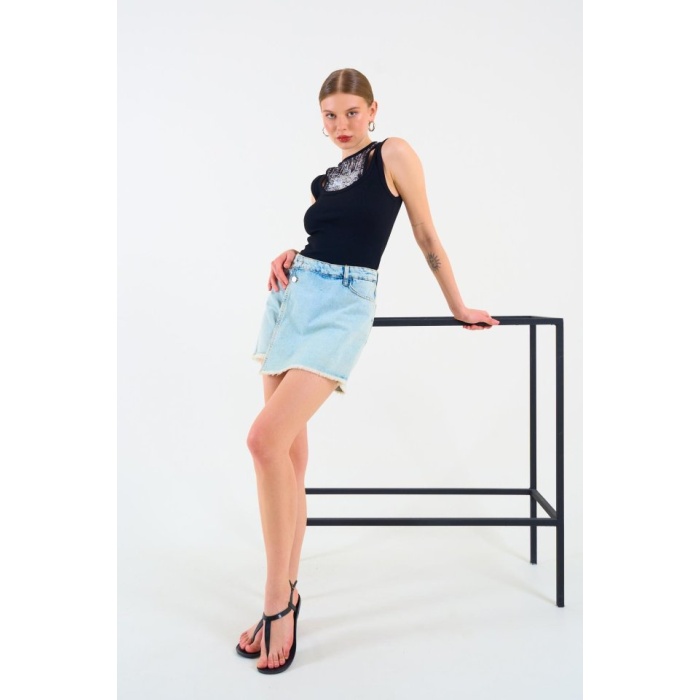 İçi Baskılı Halter Yaka Kaşkorse Atlet - Siyah