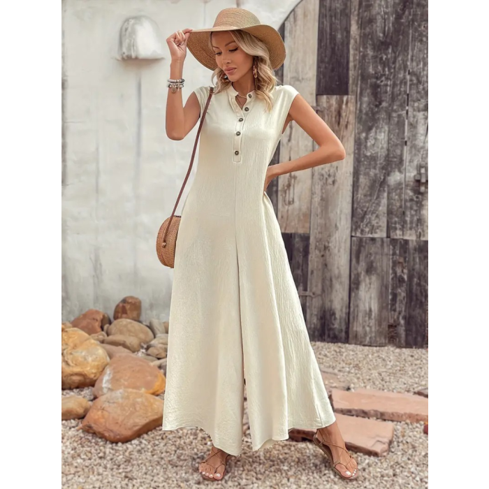 Kadın Kısa Kollu önden Düğmeli Paçaya Doğru Geniş Cepli Uzun Bürümcük Tulum