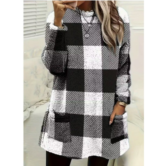 Kadın Uzun Kollu Yarı Balıkçı Yakalı Cep Detaylı Ekoseli Dokuma Tunik