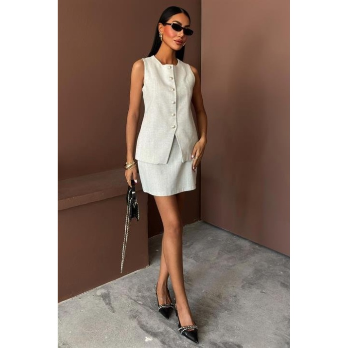 Uzun Yelek Mini Etek Flamlı Keten Takım 10148