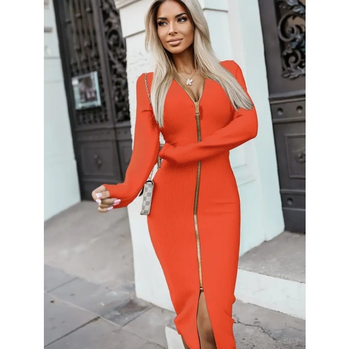 Kadın Uzun Kollu önden Fermuarlı Midi Ottoman Elbise