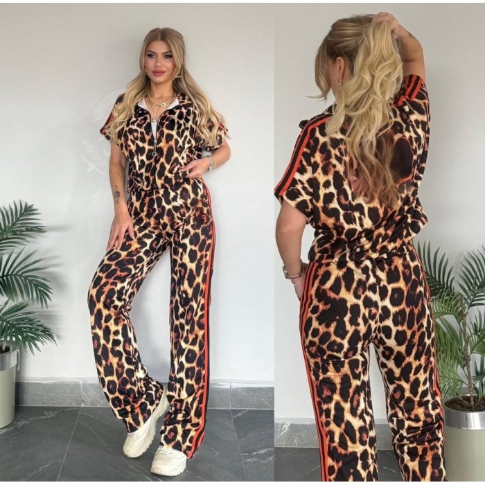 Kadın Dalgıç Kumaş Dijital Leopar Baskılı şerit Detaylı Takım