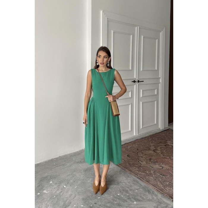 Yeşil Yanları Büzgülü Midi Boy Keten Elbise