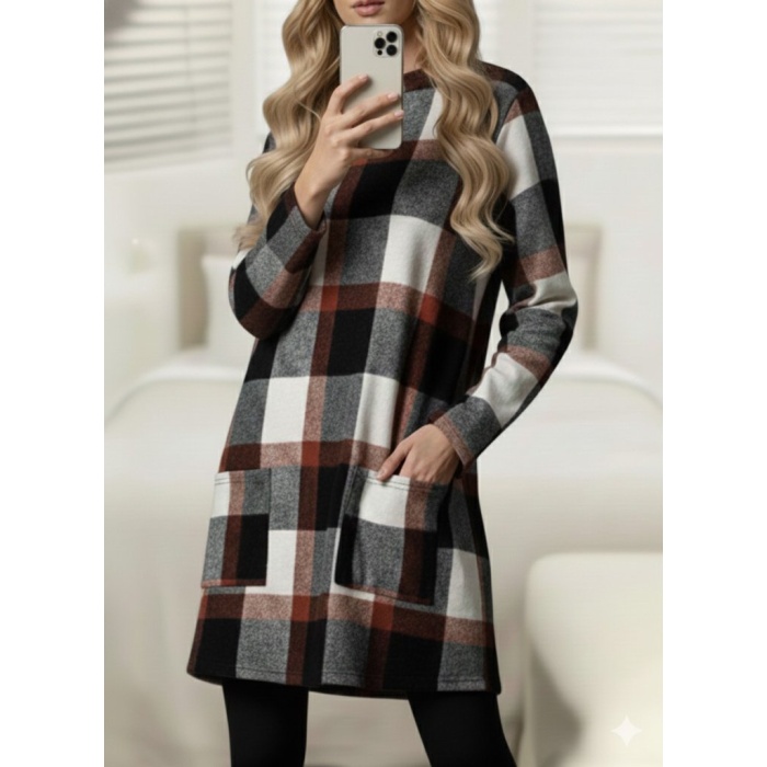 Kadın Uzun Kollu Yarı Balıkçı Yakalı Cep Detaylı Ekoseli Dokuma Tunik