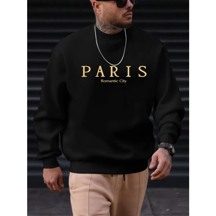 Erkek Uzun Kollu Bisiklet Yaka Paris Yazılı Iki Iplik Sweat