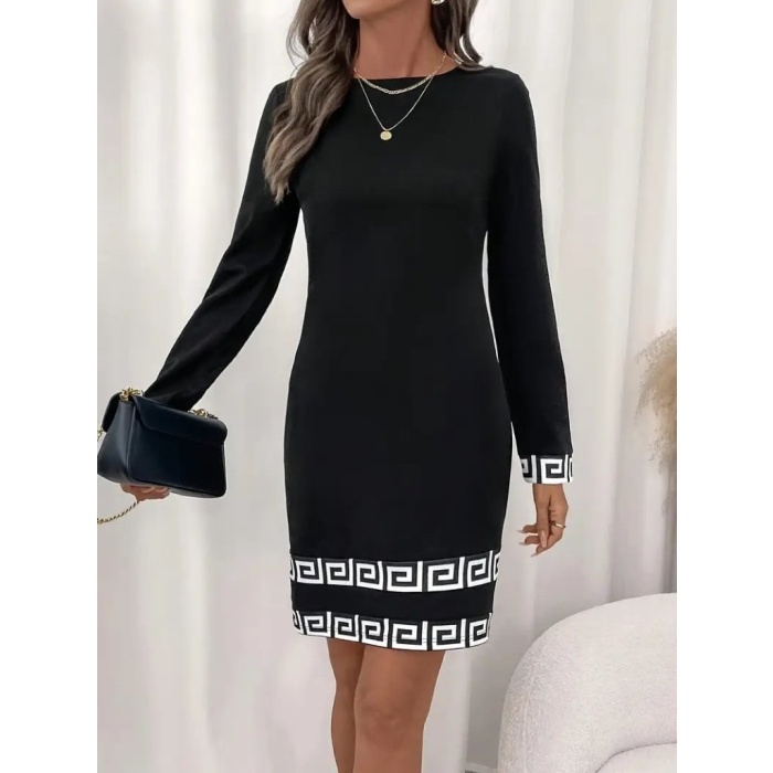 Kadın Uzun Kollu Bisiklet Yaka Mini Ithal Krep Elbise