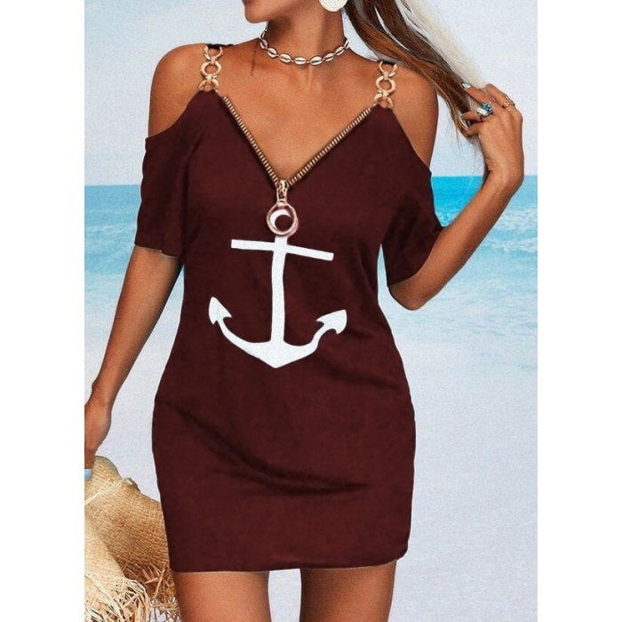 Fermuar Detay çıpa Baskılı Zincir Askılı Iki Iplik Elbise - Bordo