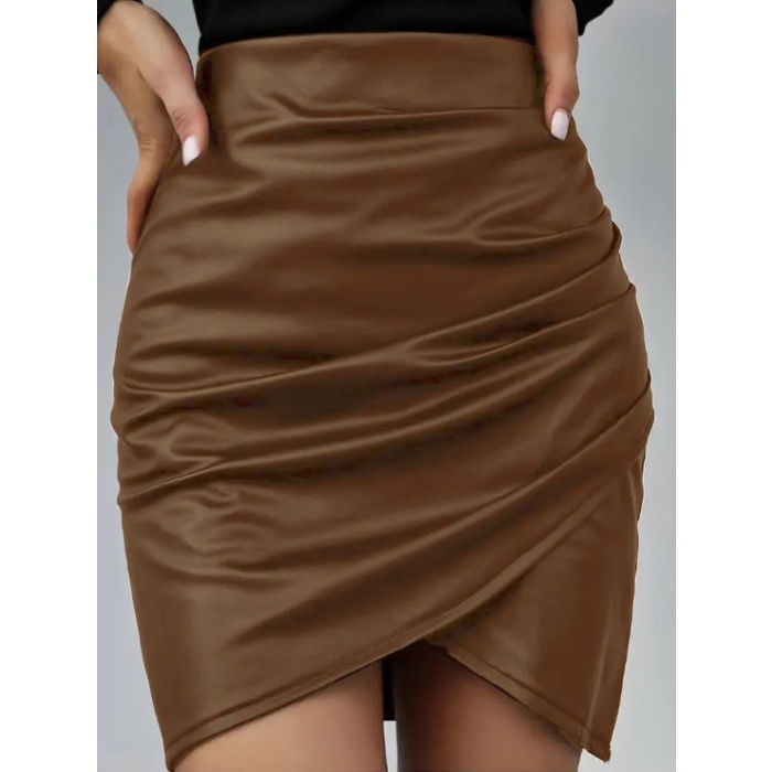 Kadın Yüksek Bel Yandan Fermuarlı Pileli Mini Deri Etek