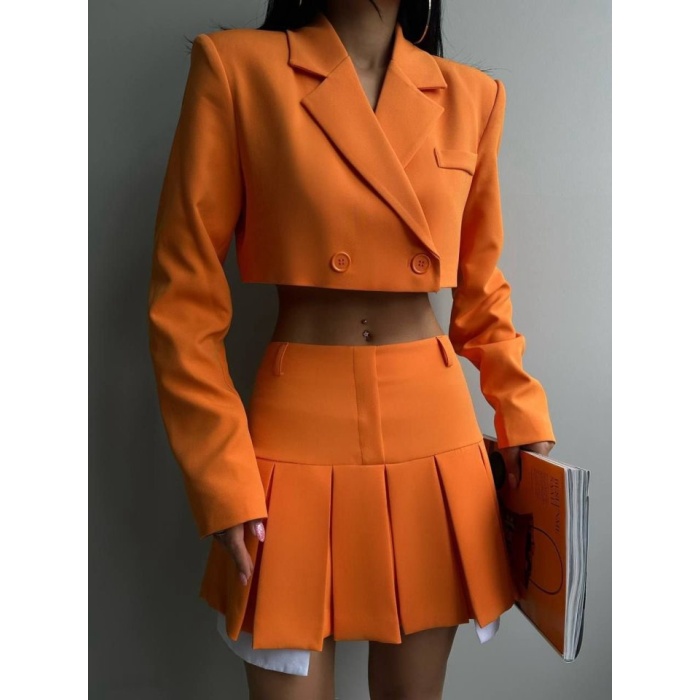 Pileli Etek Crop Ceket Takım