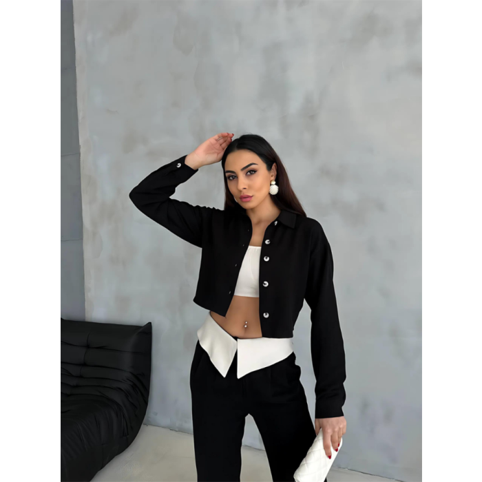 KETEN GÖMLEK-CROP-SALAŞ PANTOLON TAKIM - Siyah