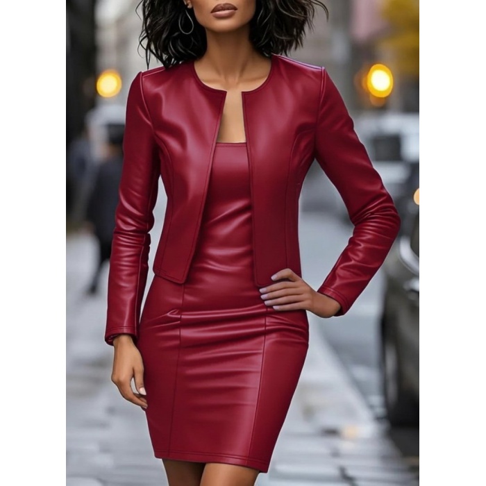 Kadın Uzun Kollu önü Açık Deri Ceket Ve Askılı Yuvarlak Yakalı Mini Elbise Ikili Takım