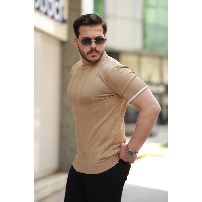 Erkek Bisiklet Yaka çizgi Desenli Ribanalı Kısa Kollu Tshirt