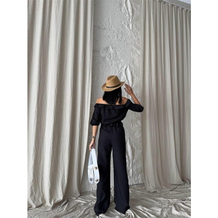 KETEN MADONNA YAKA KOL HASIR ŞERİT - PANTOLON TAKIM - Siyah