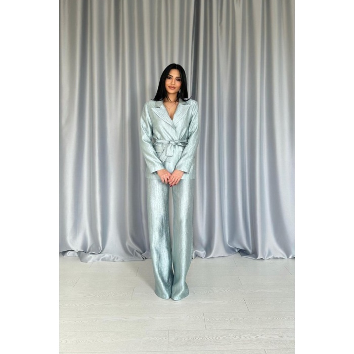 Mint Beli Kuşaklı Ceket Ve Pantolon Parlak Takım