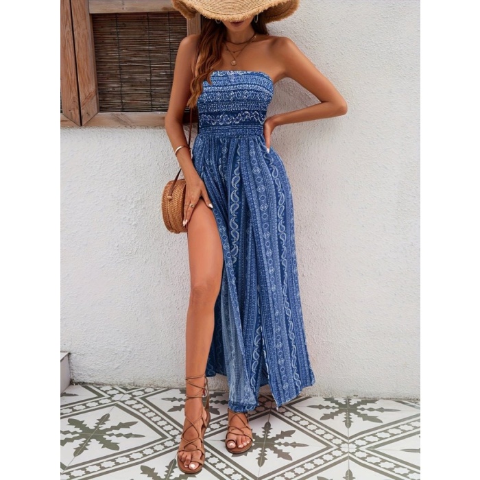 Kadın Yakası Gipe Detaylı önden Yırtmaç Detaylı Desenli Süprem Pantolunetek Tulum