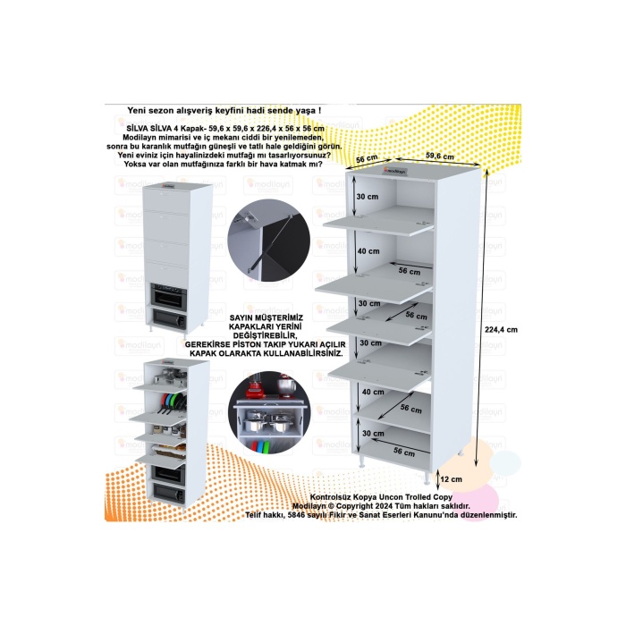 Silva Silva 4 Kapak 59,6 x 226,4 x 56 cm 6 Derin Göz Raf Mini Mikrodalga Fırın Dolabı Mutfak Dolabı