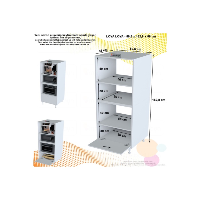 Loya Loya 1 Kapaklı 59,6 x 162,8 x 56 cm 4 Göz Bölmeli Mikrodalga Mini Fırın Dolabı Mutfak Dolabı