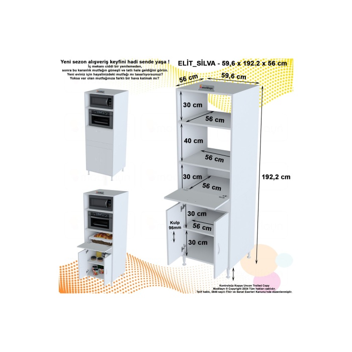 Elit Silva 2 Kapaklı 59,6 x 192,2 x 56 cm Mini Fırın Mikrodalga Dolabı Çok Amaçlı Mutfak Dolabı