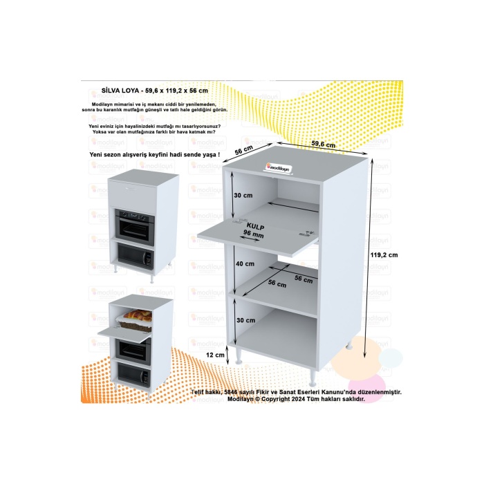 Silva Tek Kapaklı 59,6 x 119,2 x 56 cm Mini Fırın Mikrodalga Fırın Dolabı Çok Amaçlı Mutfak Dolabı