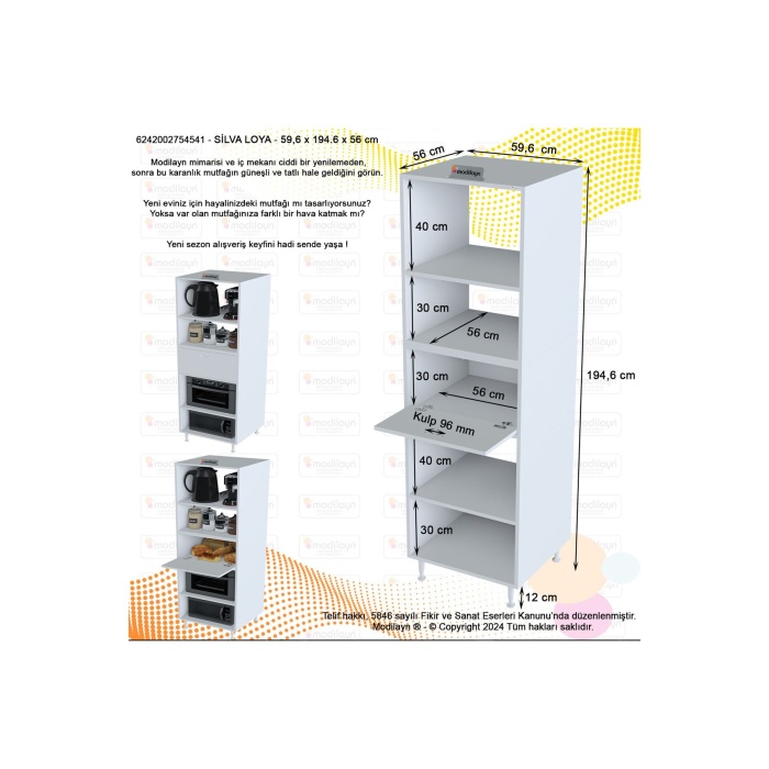 Silva Loya 1 Kapaklı 59,6 x 194,6 x 56 cm Mini Fırın Mikrodalga Dolabı Çok Amaçlı Mutfak Dolabı