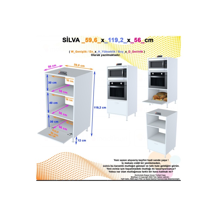 Silva 1 Kapaklı 59,6 x 119,2 x 56 cm Mini Fırın Mikrodalga Fırın Dolabı Çok Amaçlı Mutfak Dolabı