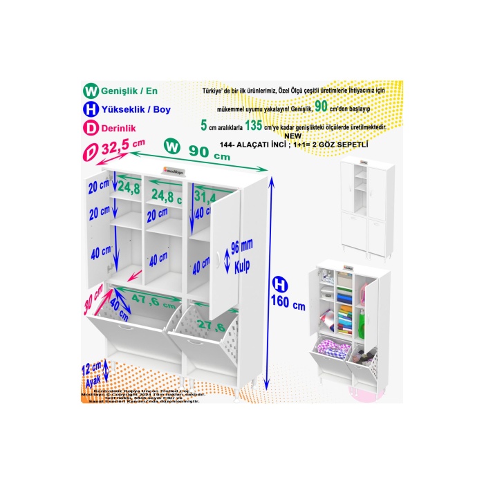 90 x 160 x 32 cm Banyo Dolabı Kirli Çamaşır Dolabı Sepetli Dolap