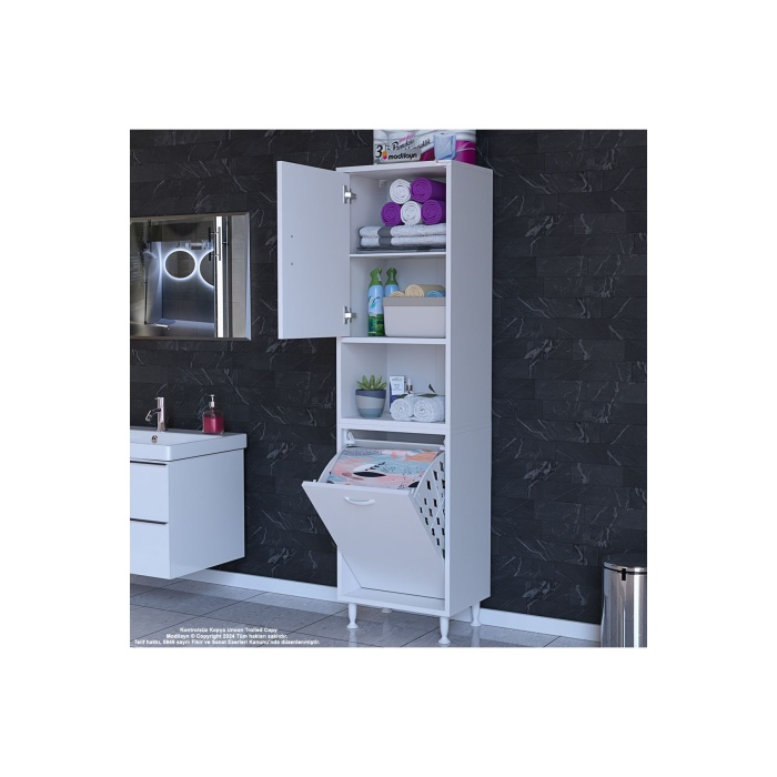 Söke Şile 45 X 160 X 32,5 Cm 3 Raflı 1 Kapaklı Kirli Çamaşır Bölmeli Banyo Dolabı