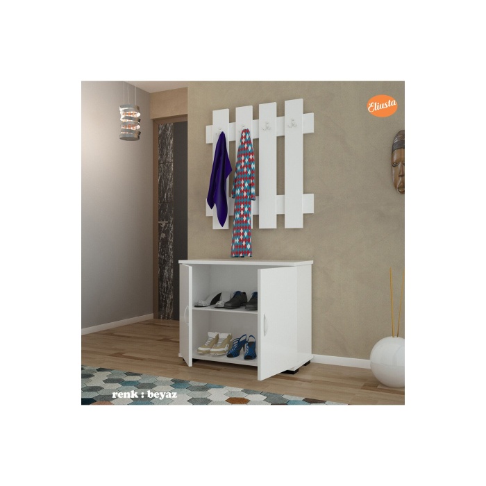70x70 cm Askılık Ayakkabılık Antre Dolabı Çok Amaçlı Dolap Portmanto Ayakkabılık-BEYAZ